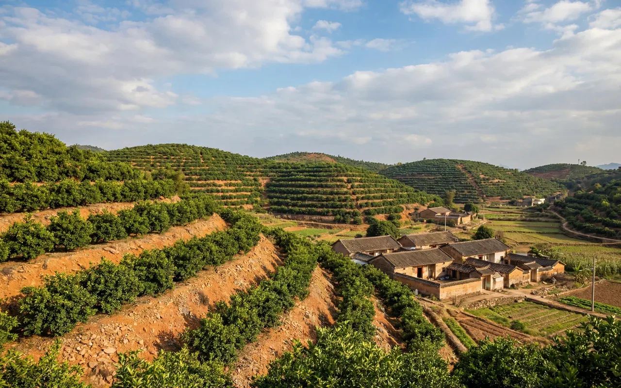 广东化州丽岗镇化橘红种植基地，梯田式山坡上整齐排列的化橘红果树，红壤土质清晰可见
