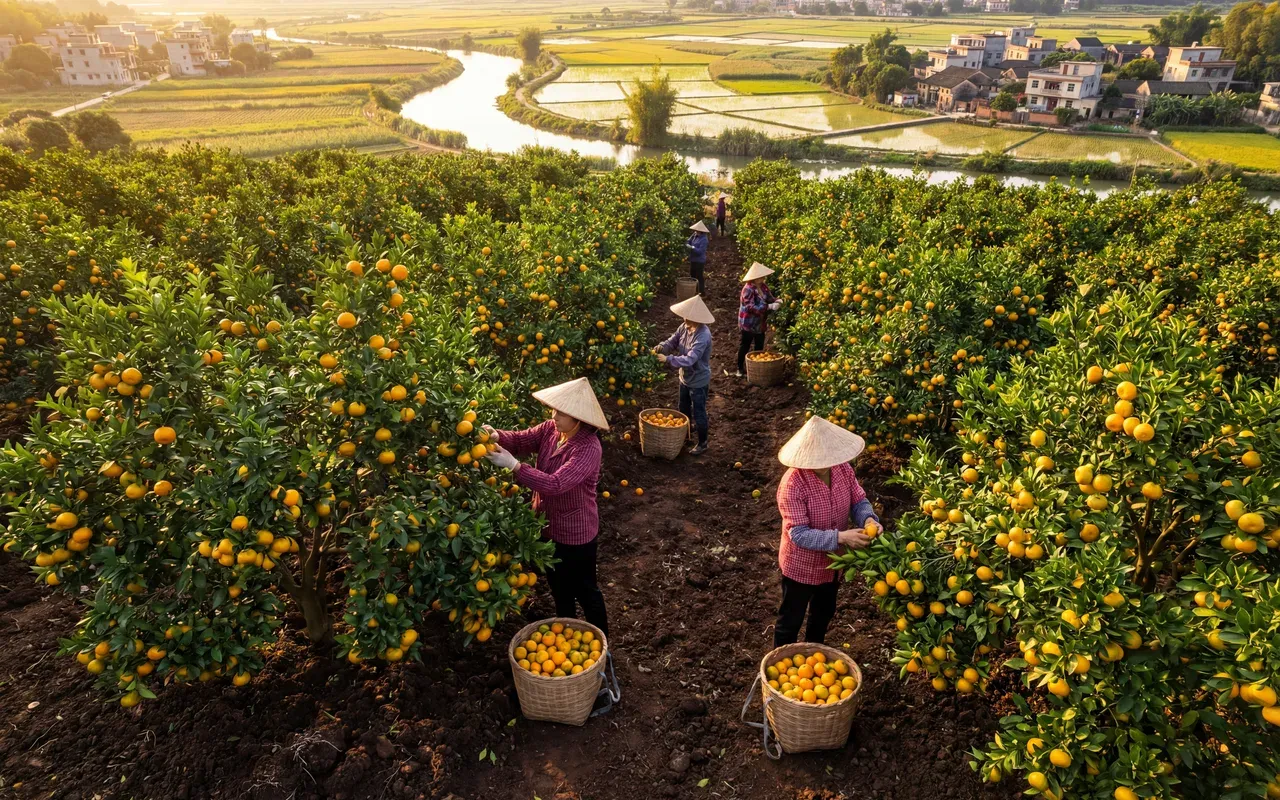 广东新会双水镇柑橘果园，农民在金色夕阳下采摘成熟的新会柑，用于制作正宗新会陈皮