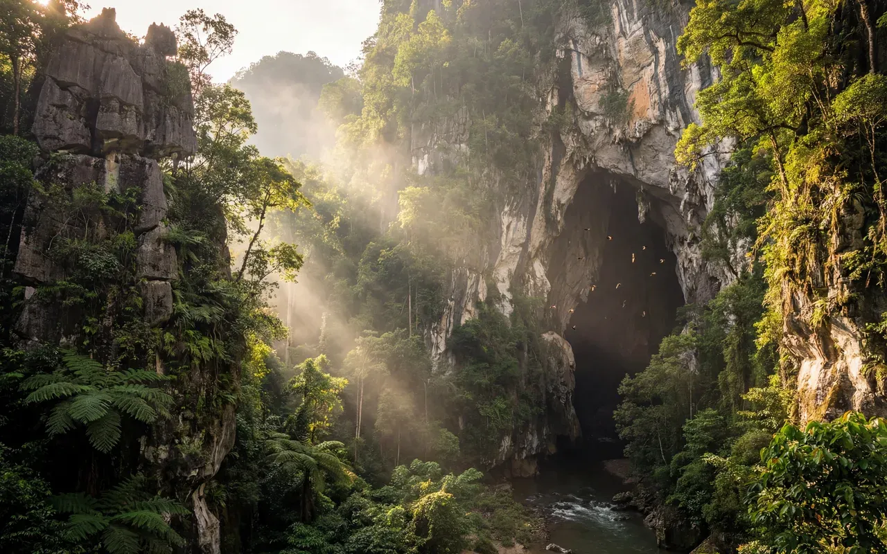 马来西亚砂拉越热带雨林燕窝洞穴，阳光透过茂密雨林照射石灰岩溶洞，金丝燕在洞口飞翔