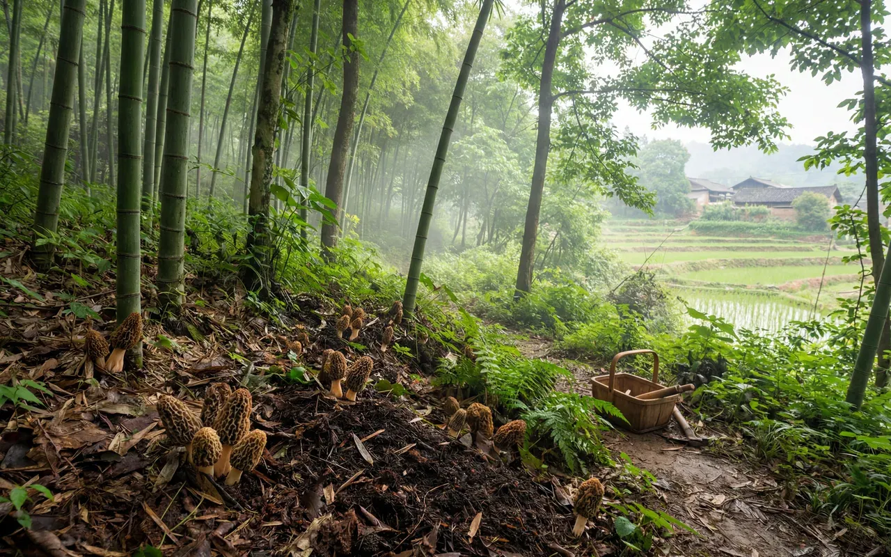 四川金堂羊肚菌仿野生林下种植基地，竹林下腐殖质土壤中自然生长的野生羊肚菌